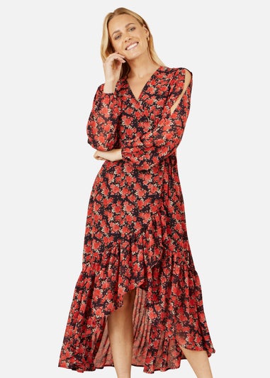 Yumi Red Rose Print Dipped Hemline Midi Dress With Open Long Sleeves