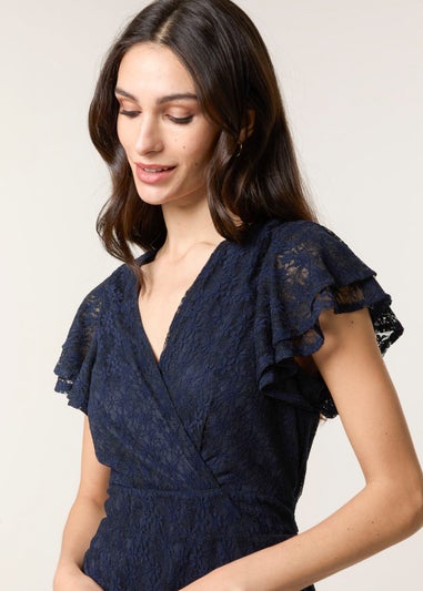Blue Vanilla Navy Lace Flutter Sleeve Wrap Mini Dress