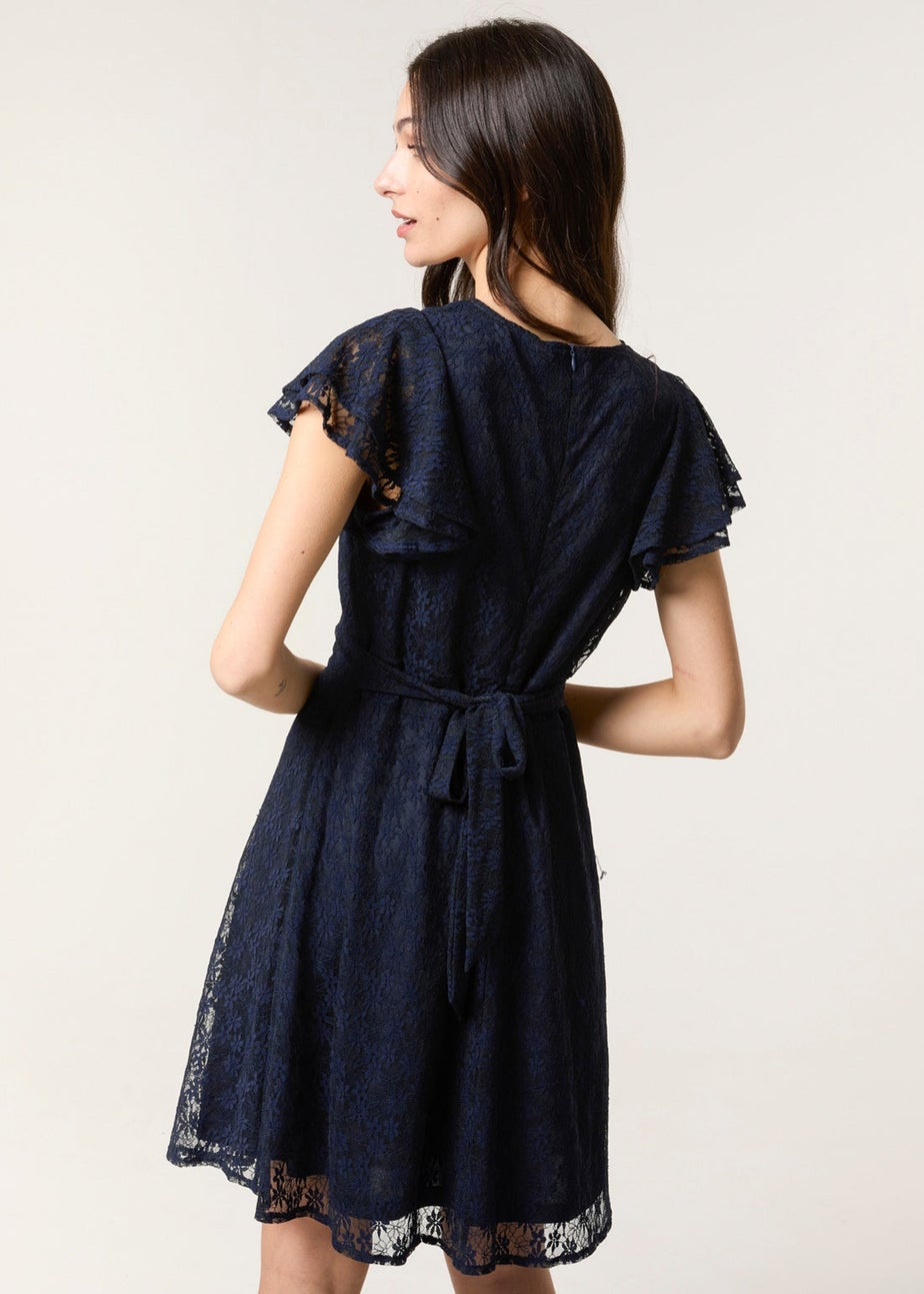 Blue Vanilla Navy Lace Flutter Sleeve Wrap Mini Dress