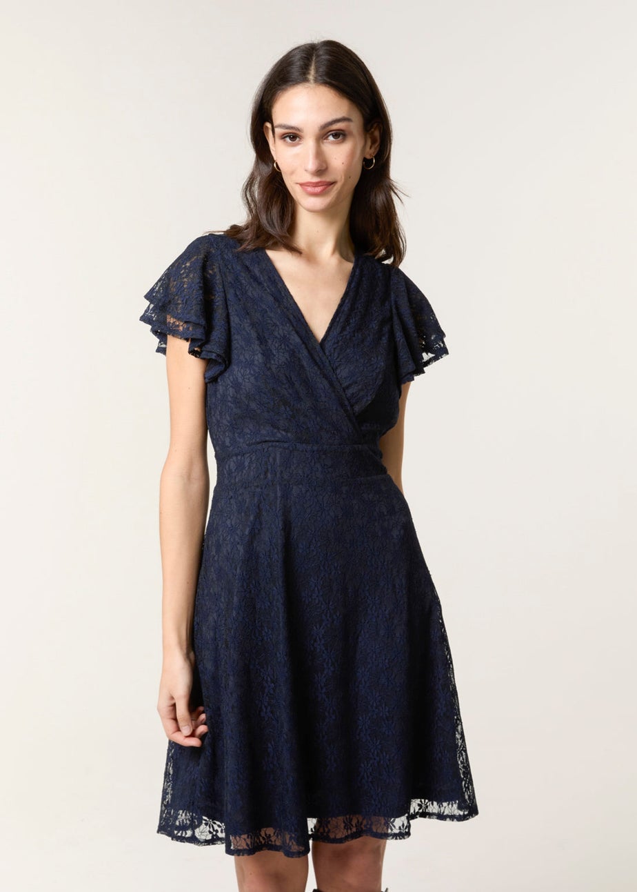 Blue Vanilla Navy Lace Flutter Sleeve Wrap Mini Dress