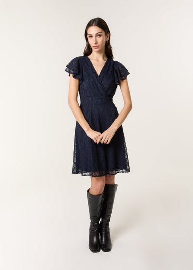 Blue Vanilla Navy Lace Flutter Sleeve Wrap Mini Dress