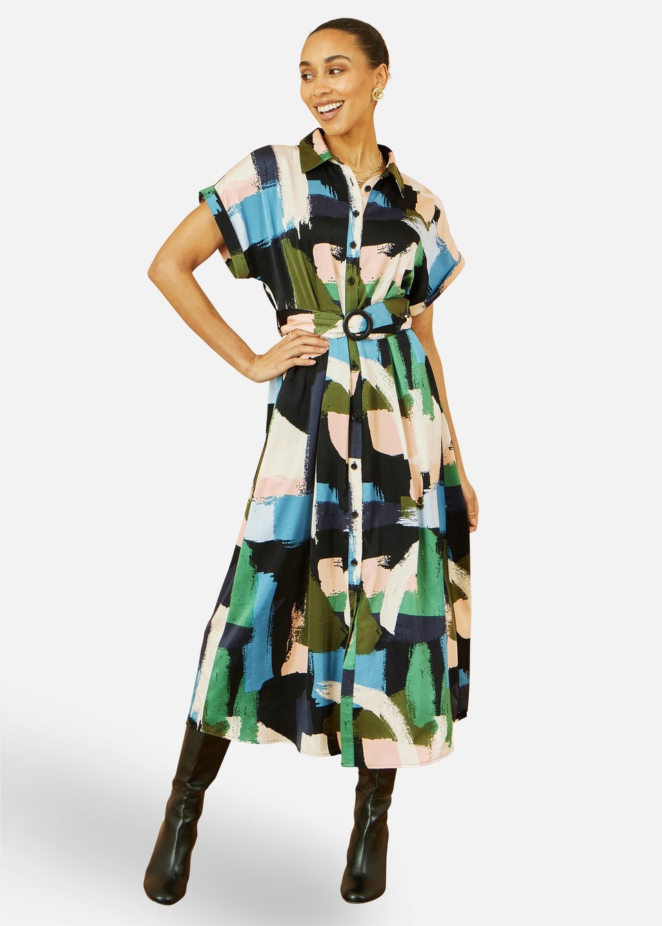 Yumi Multi Brushstroke Print Relaxed Midi shirt Dress