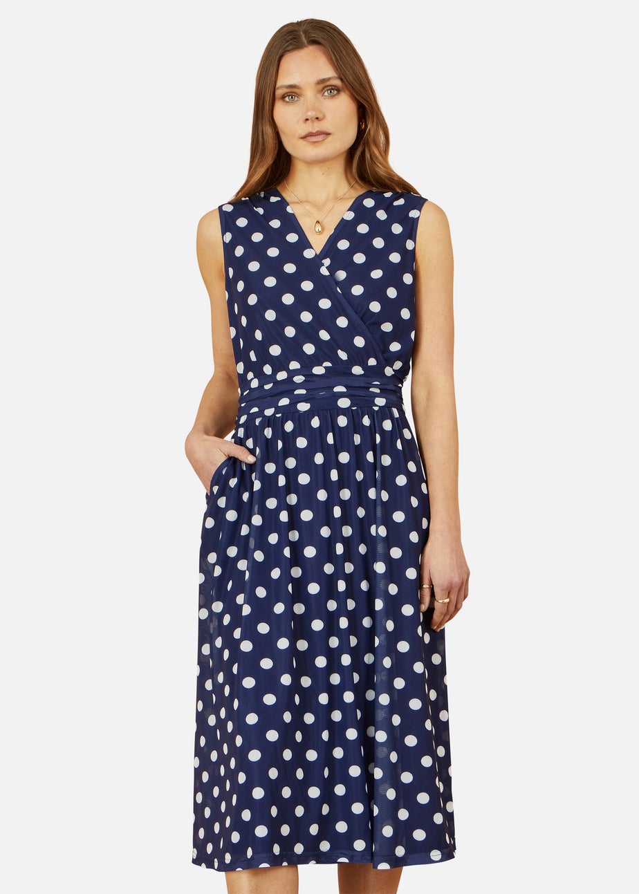 Yumi Navy Polka Dot Mesh Wrap Skater Dress With Pockets