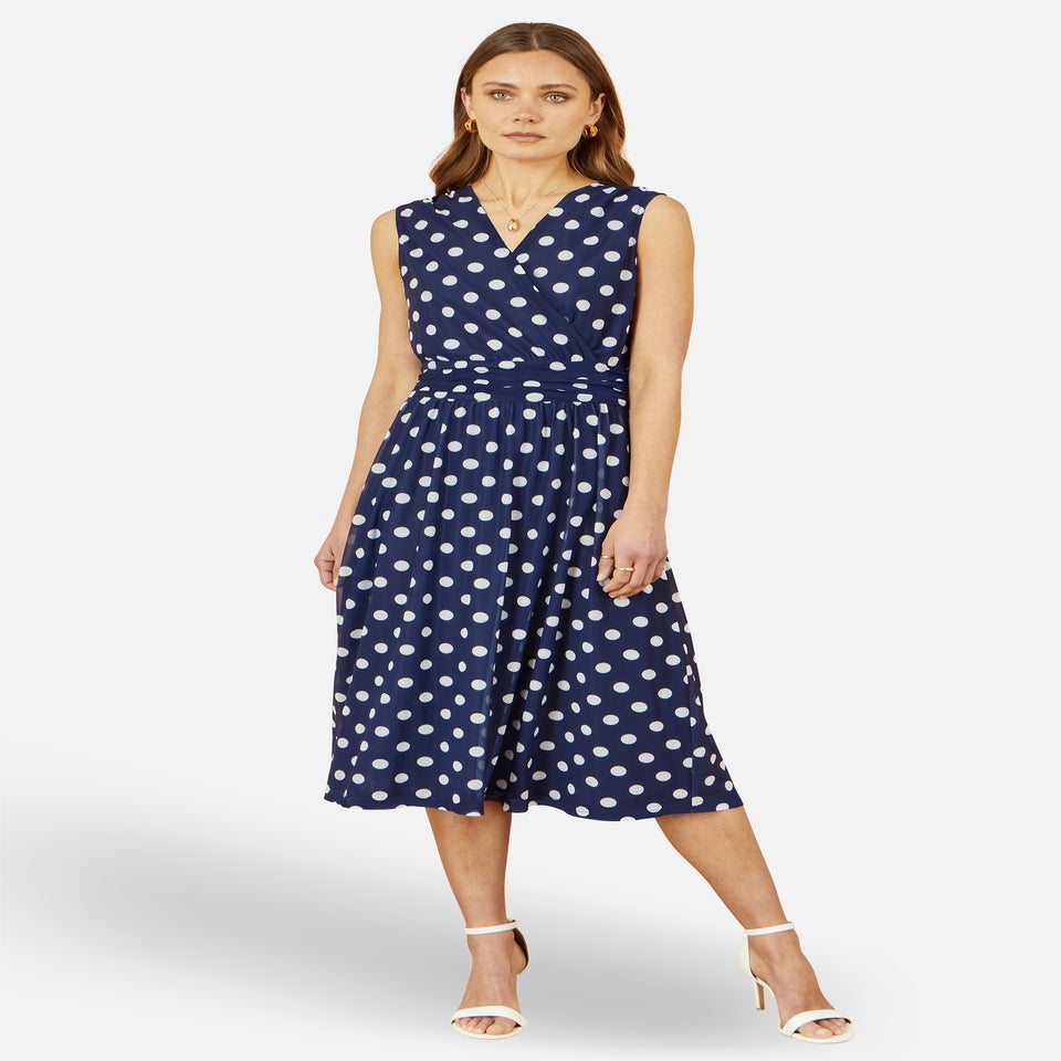 Yumi Navy Polka Dot Mesh Wrap Skater Dress With Pockets