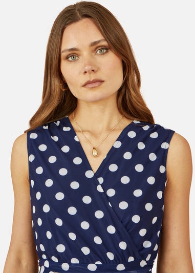 Yumi Navy Polka Dot Mesh Wrap Skater Dress With Pockets