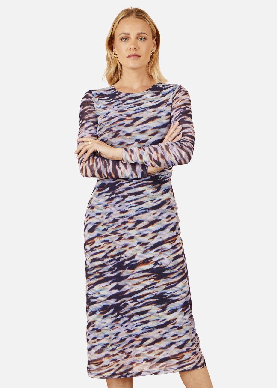 Yumi Multicolour Abstract Stripe Ruched Bodycon Midi Dress