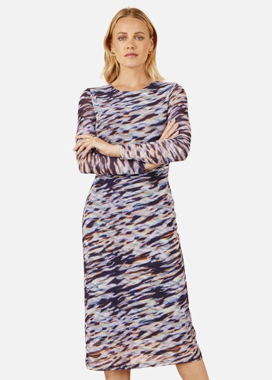 Yumi Multicolour Abstract Stripe Ruched Bodycon Midi Dress
