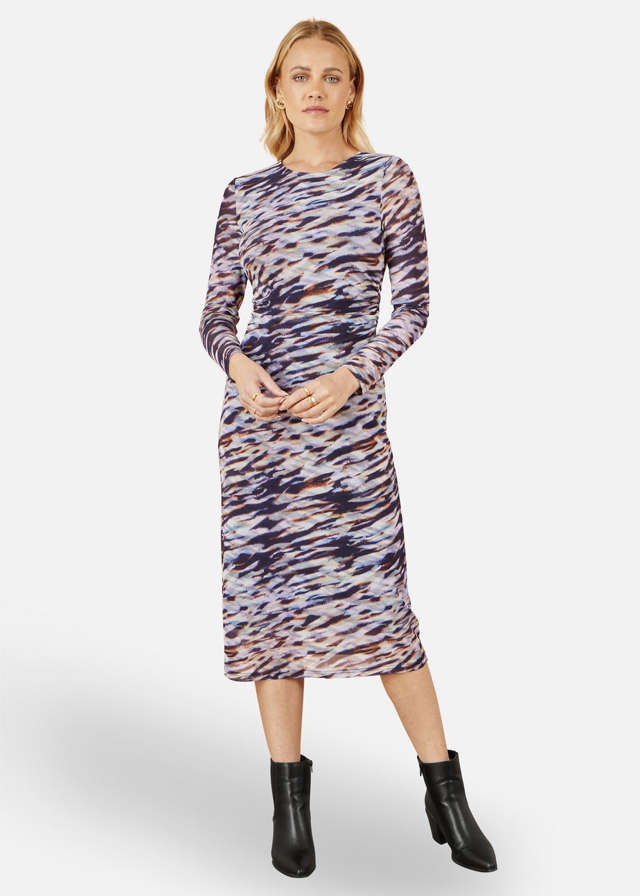 Yumi Multicolour Abstract Stripe Ruched Bodycon Midi Dress