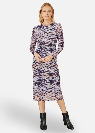 Yumi Multicolour Abstract Stripe Ruched Bodycon Midi Dress