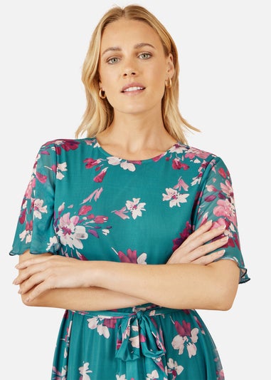 Yumi Teal Mesh Skater Floral Midi Dress