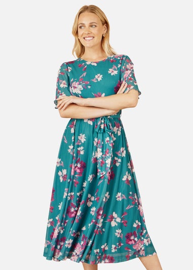 Yumi Teal Mesh Skater Floral Midi Dress