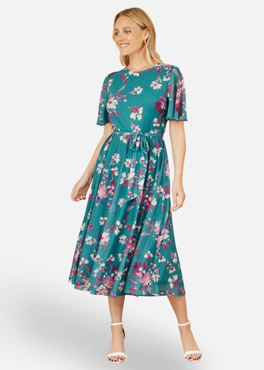 Yumi Teal Mesh Skater Floral Midi Dress
