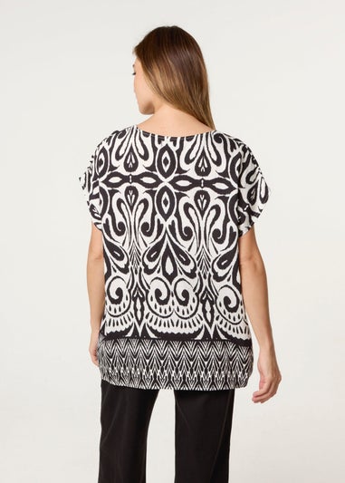 Blue Vanilla Black Round Neck Top With Abstract Print