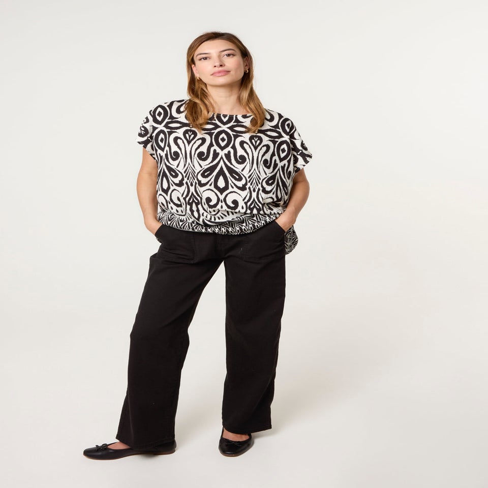 Blue Vanilla Black Round Neck Top With Abstract Print