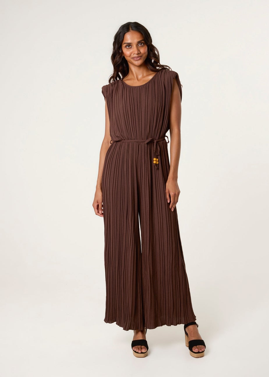 Blue Vanilla Brown Pleated Shoulder Pad Jumpsuit