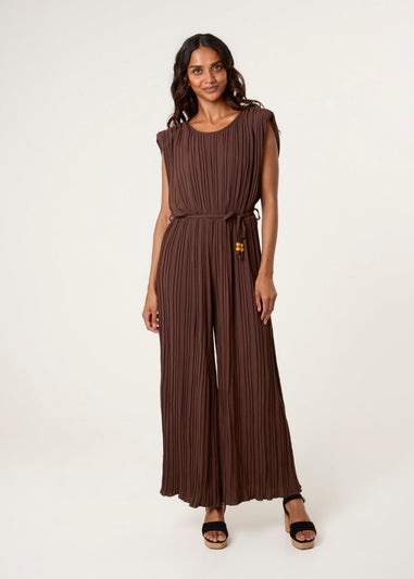 Blue Vanilla Brown Pleated Shoulder Pad Jumpsuit