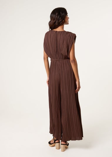 Blue Vanilla Brown Pleated Shoulder Pad Jumpsuit