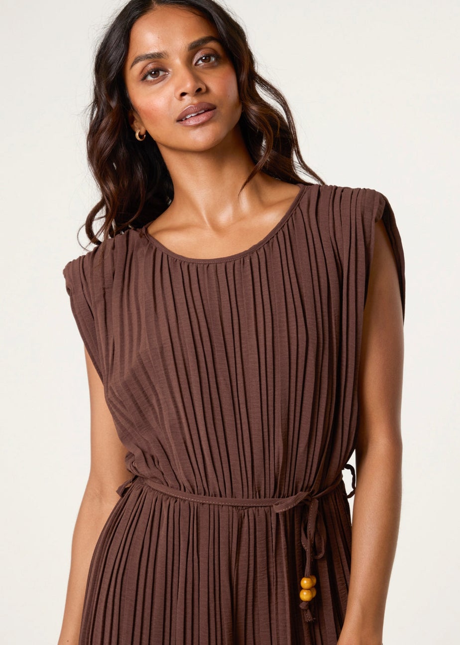 Blue Vanilla Brown Pleated Shoulder Pad Jumpsuit