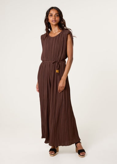 Blue Vanilla Brown Pleated Shoulder Pad Jumpsuit