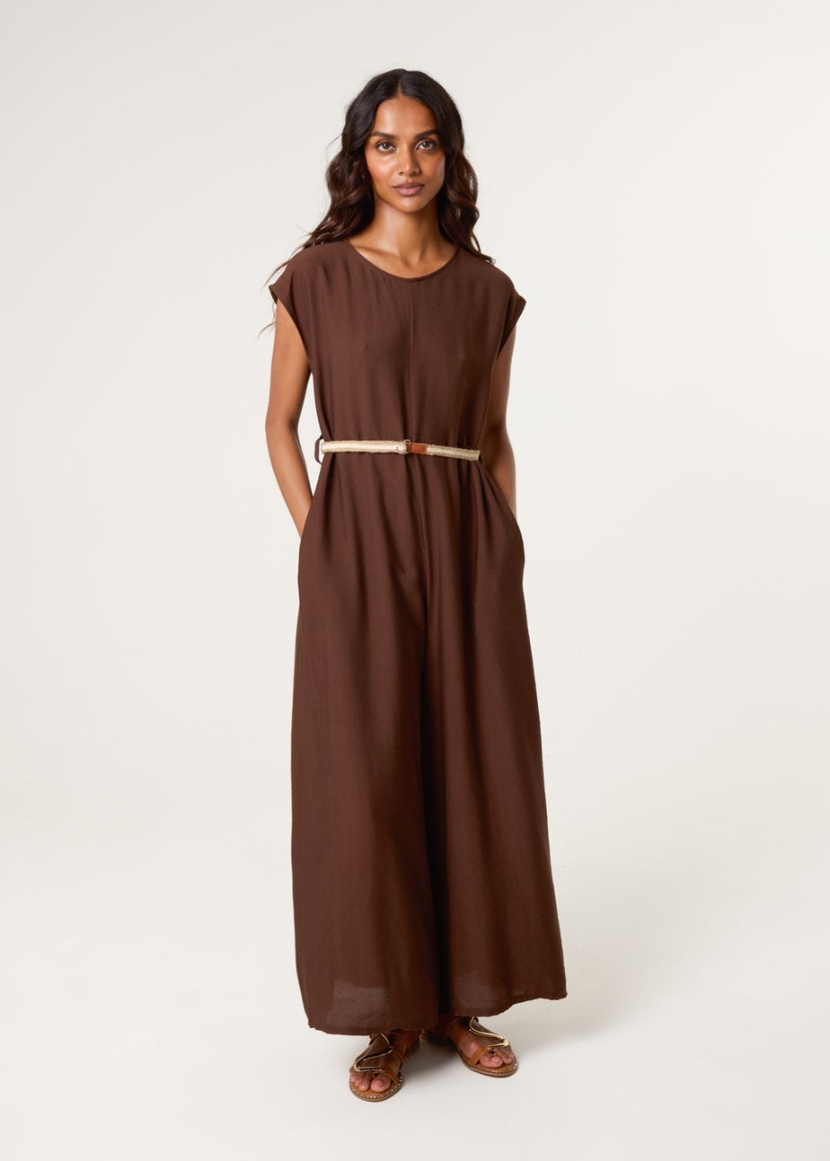 Blue Vanilla Brown Plain Belted Jumpsuit