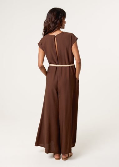 Blue Vanilla Brown Plain Belted Jumpsuit