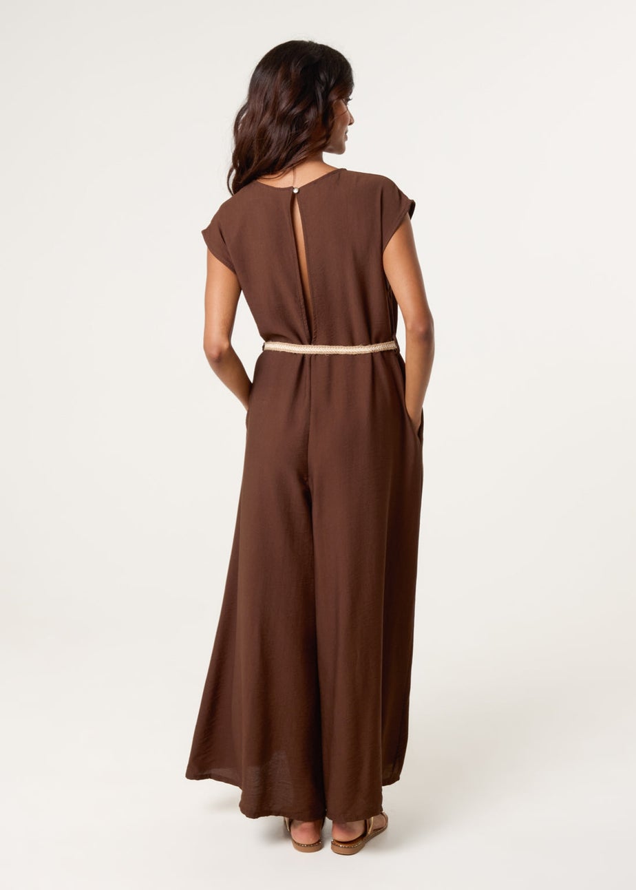 Blue Vanilla Brown Plain Belted Jumpsuit