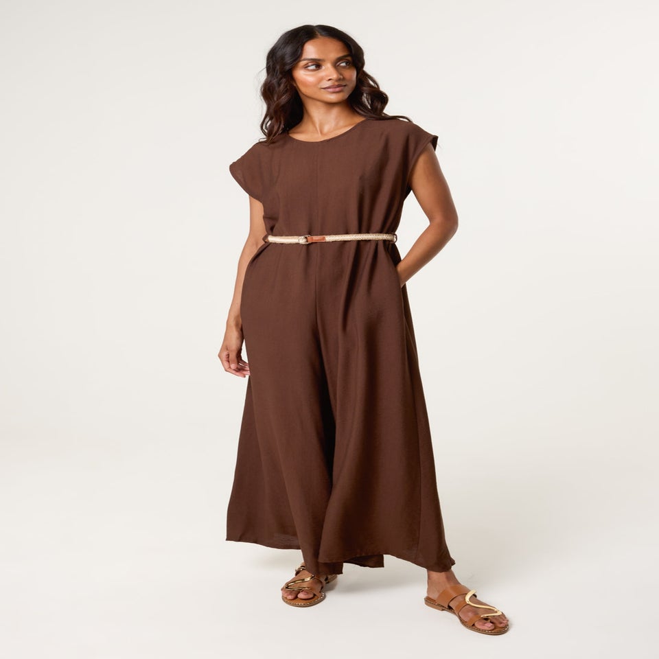 Blue Vanilla Brown Plain Belted Jumpsuit