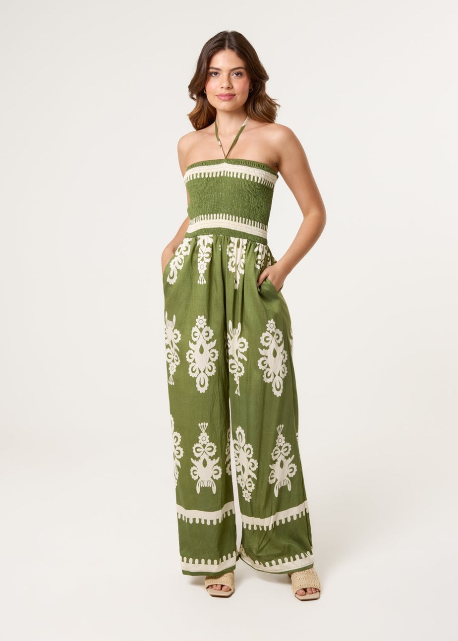 Blue Vanilla Khaki Strapless Shirred Waist Jumpsuit