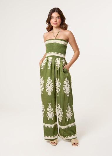 Blue Vanilla Khaki Strapless Shirred Waist Jumpsuit