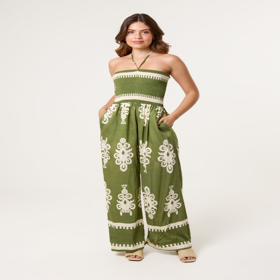 Blue Vanilla Khaki Strapless Shirred Waist Jumpsuit