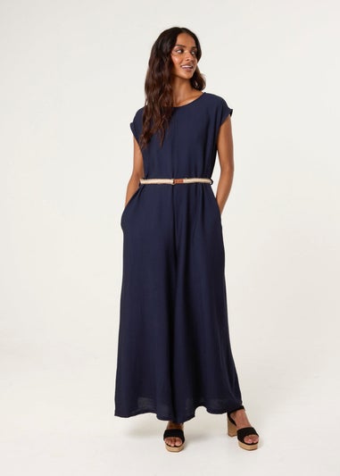 Blue Vanilla Navy Plain Belted Jumpsuit