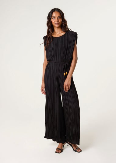 Blue Vanilla Black Pleated Shoulder Pad Jumpsuit