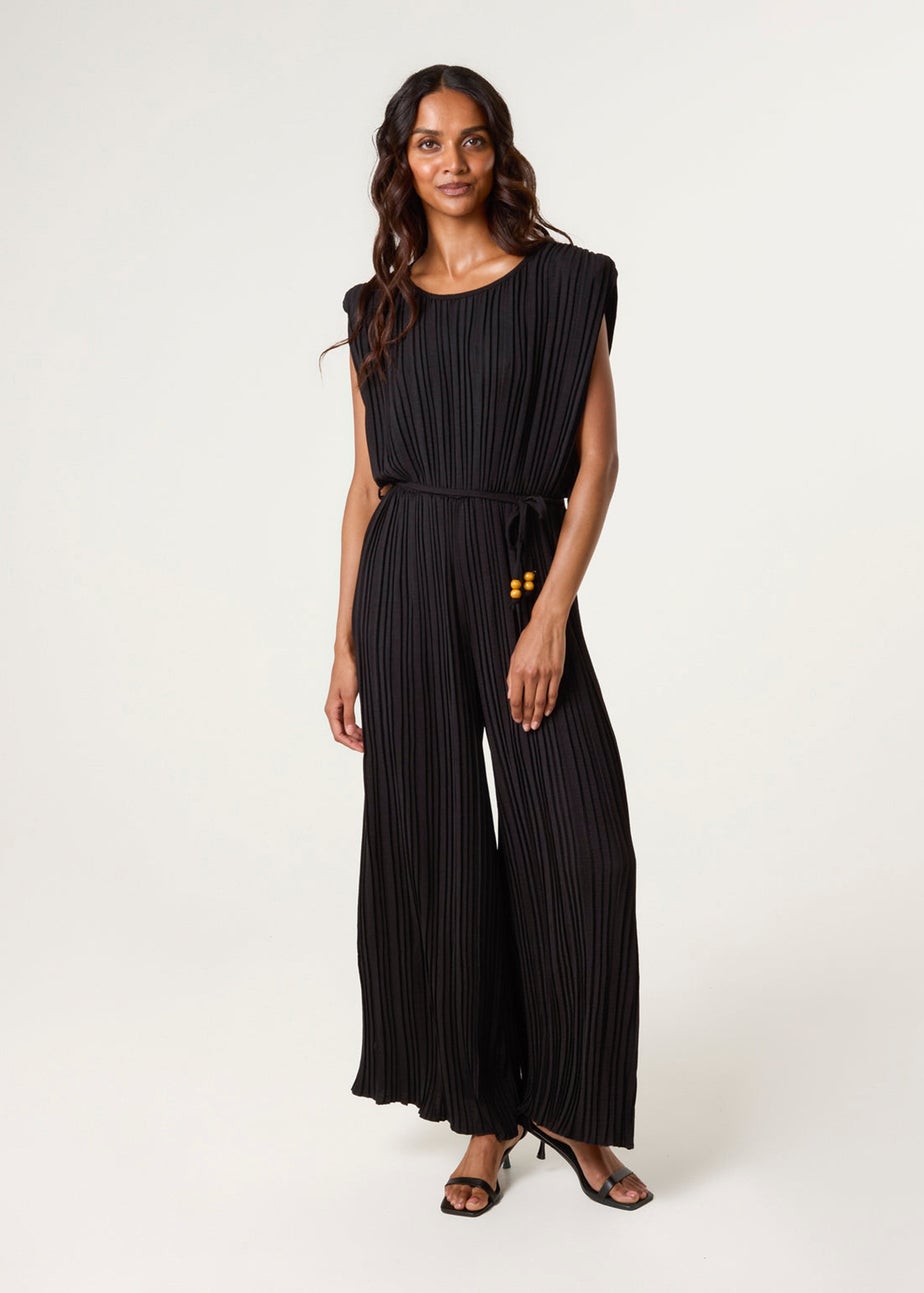 Blue Vanilla Black Pleated Shoulder Pad Jumpsuit