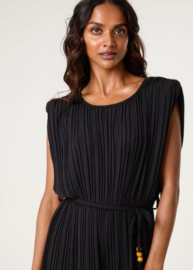 Blue Vanilla Black Pleated Shoulder Pad Jumpsuit