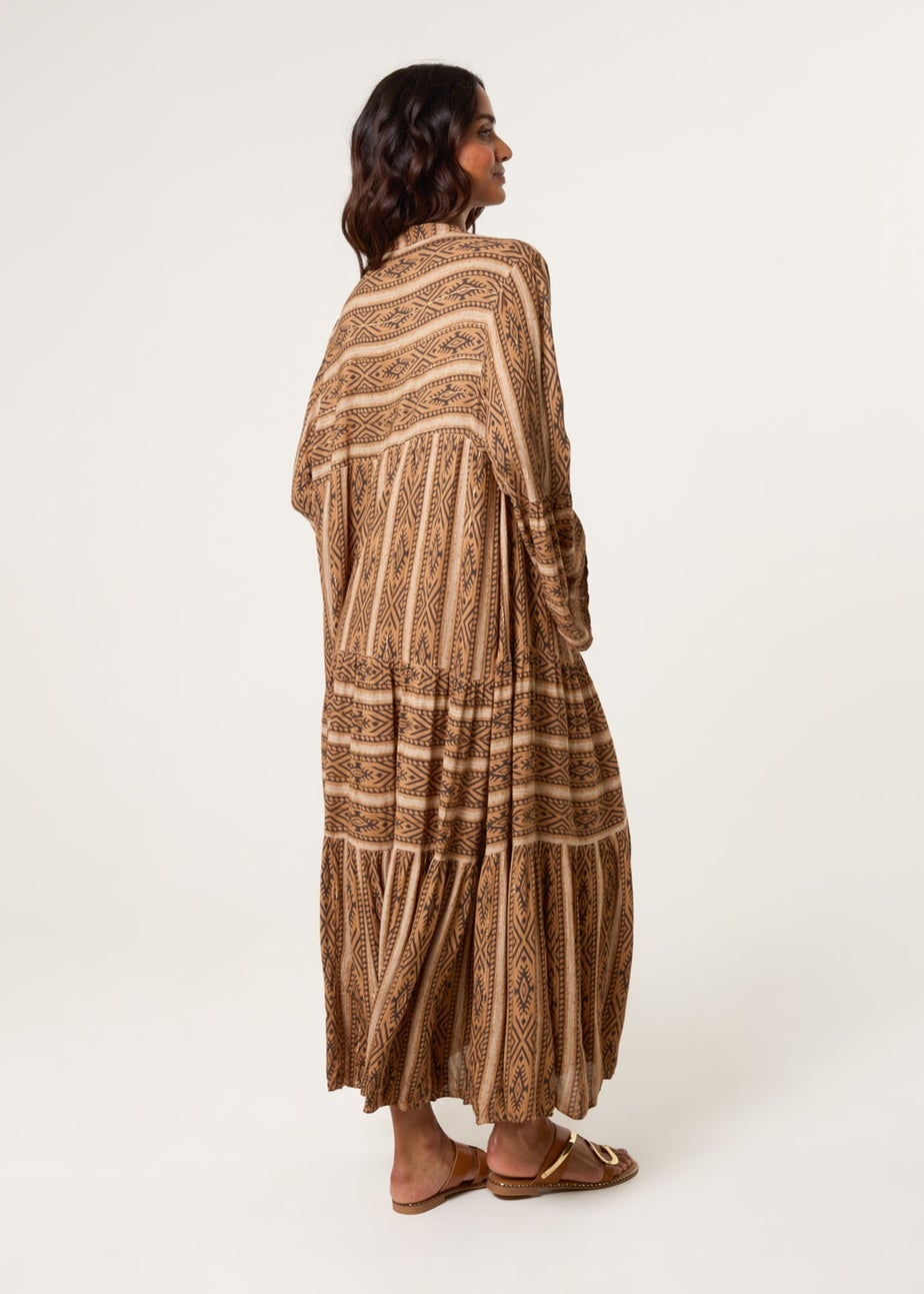 Blue Vanilla Brown V Neck Aztec Smock Dress