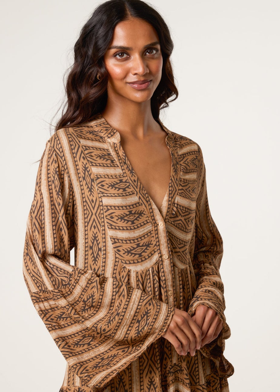 Blue Vanilla Brown V Neck Aztec Smock Dress