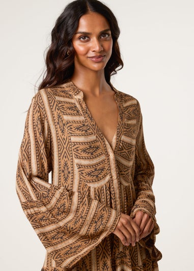 Blue Vanilla Brown V Neck Aztec Smock Dress