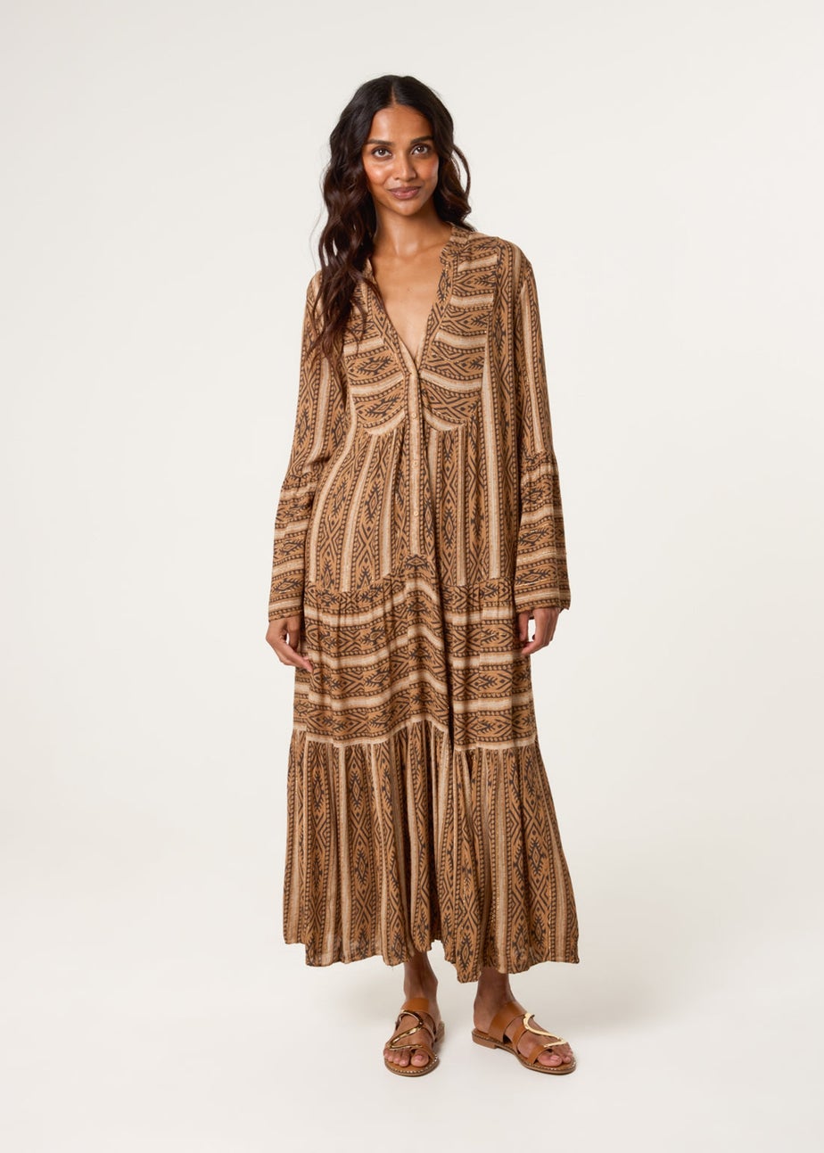 Blue Vanilla Brown V Neck Aztec Smock Dress