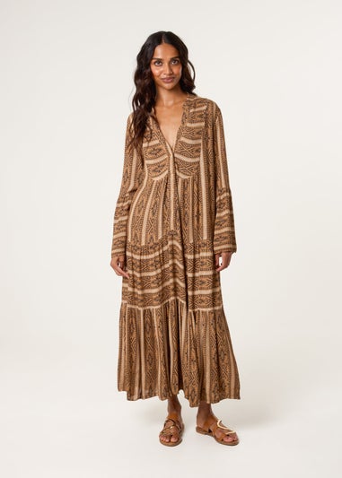 Blue Vanilla Brown V Neck Aztec Smock Dress
