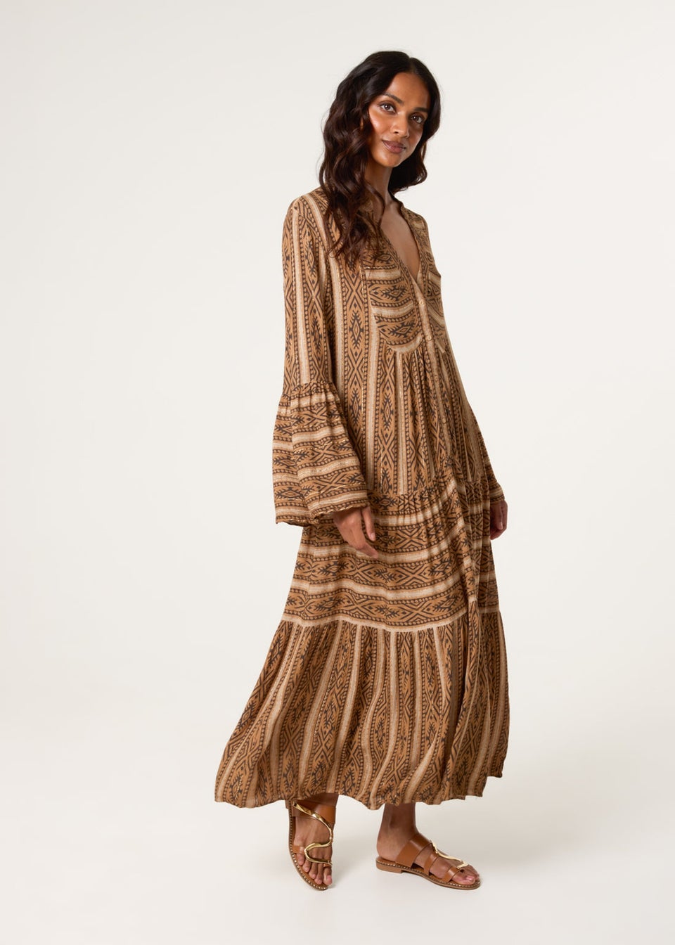 Blue Vanilla Brown V Neck Aztec Smock Dress