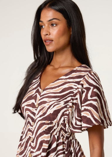 Blue Vanilla Brown Button Front Shirred Waist Mini Dress