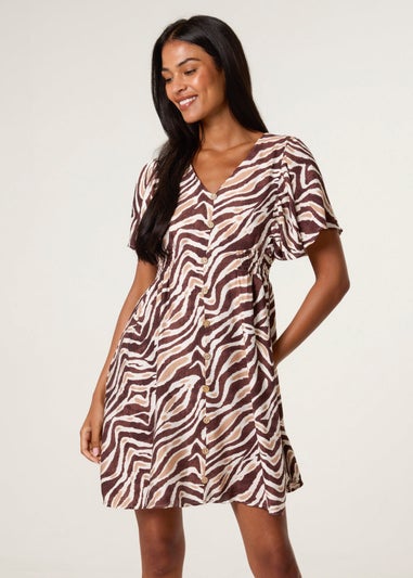 Blue Vanilla Brown Button Front Shirred Waist Mini Dress