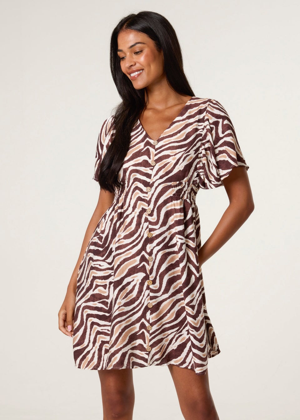 Blue Vanilla Brown Button Front Shirred Waist Mini Dress