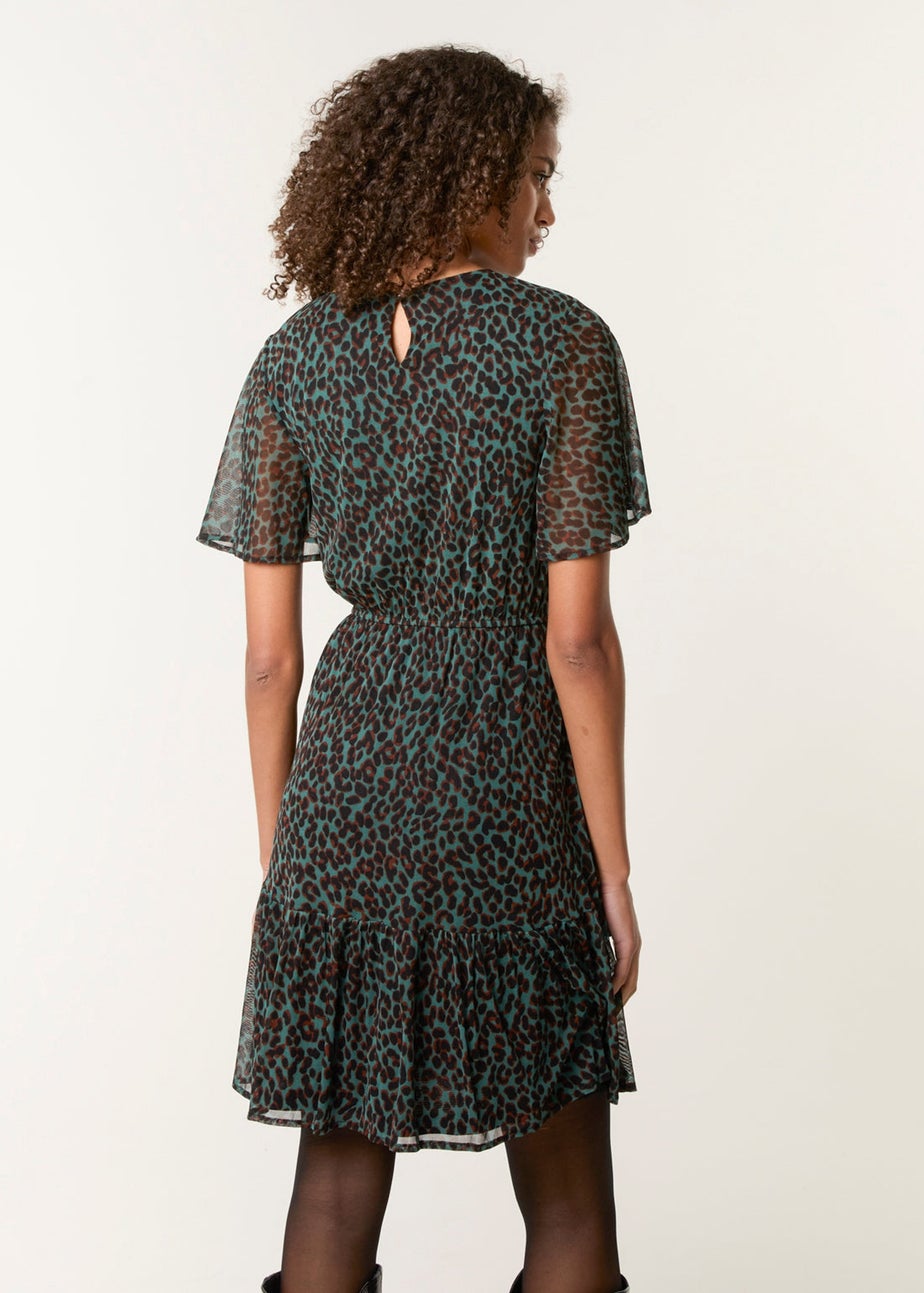 Blue Vanilla Khaki Leopard Print Mesh Crew Neck Mini Dress