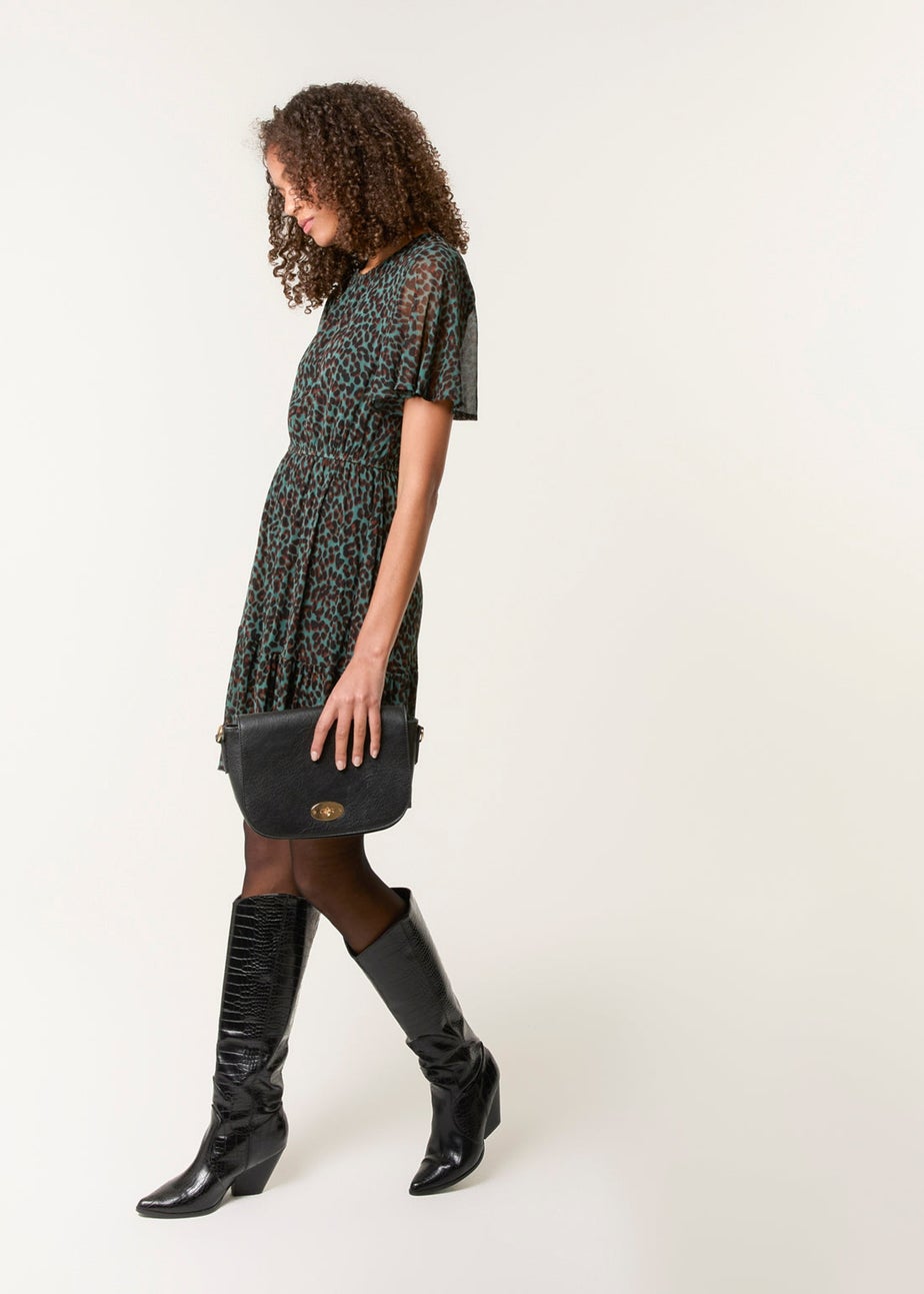 Blue Vanilla Khaki Leopard Print Mesh Crew Neck Mini Dress