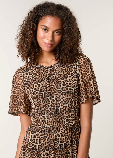 Blue Vanilla Brown Leopard Print Mesh Crew Neck Mini Dress