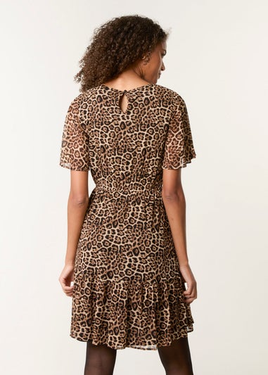 Blue Vanilla Brown Leopard Print Mesh Crew Neck Mini Dress