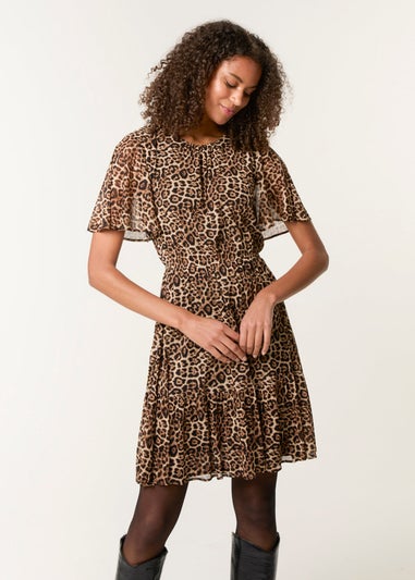 Blue Vanilla Brown Leopard Print Mesh Crew Neck Mini Dress