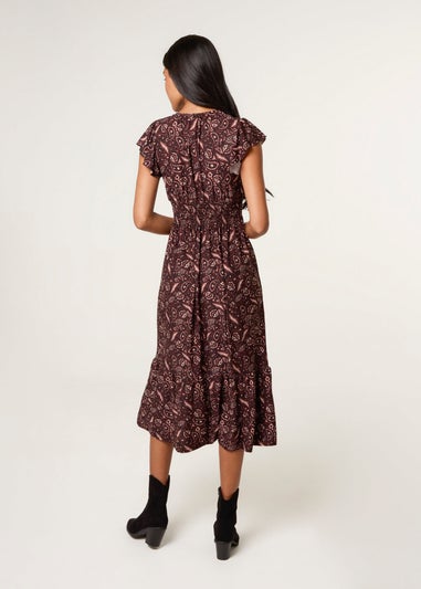 Blue Vanilla Brown V Neck Midi Dress With Button Front