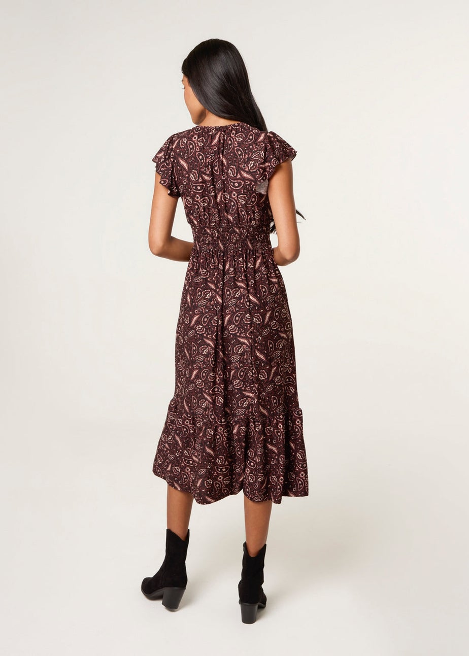 Blue Vanilla Brown V Neck Midi Dress With Button Front